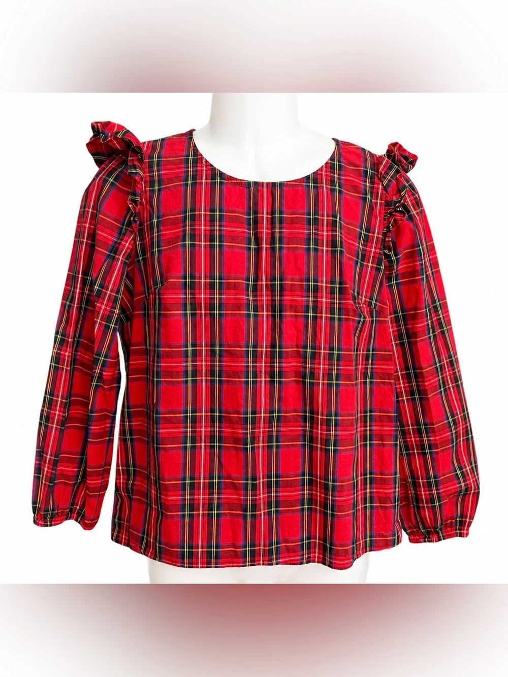 J.Crew Red Tartan Plaid Ruffle Shoulder Blouse – Size Medium